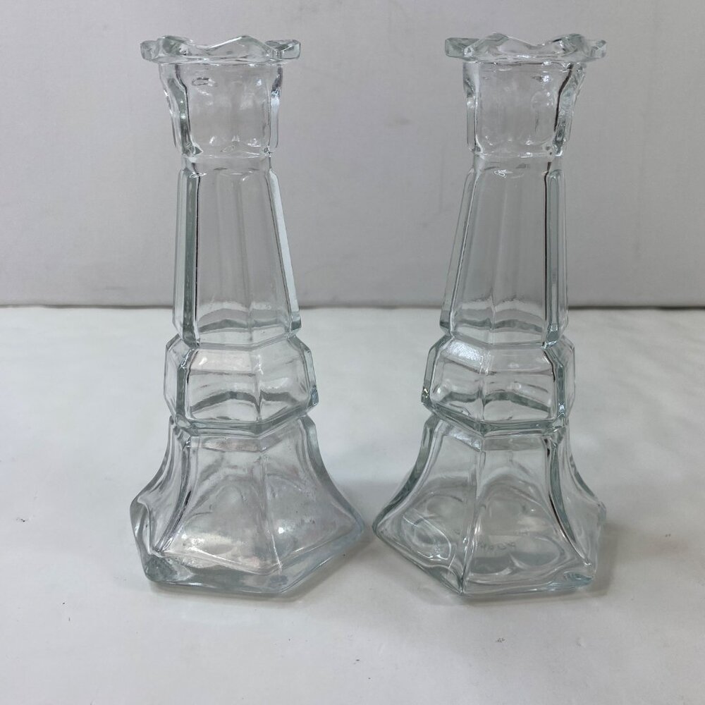 Libbey Gibraltar Clear Glass Rook Bud Vase Set 2 Candle Stick Holders Vintage